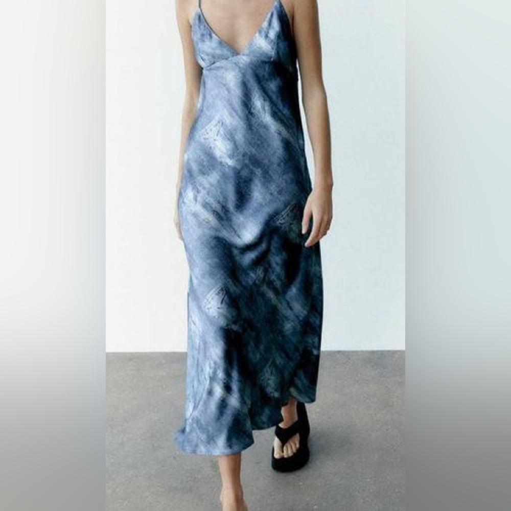 ZARA Denim Pocket Printed Satin Effect Slip Dress in Blue